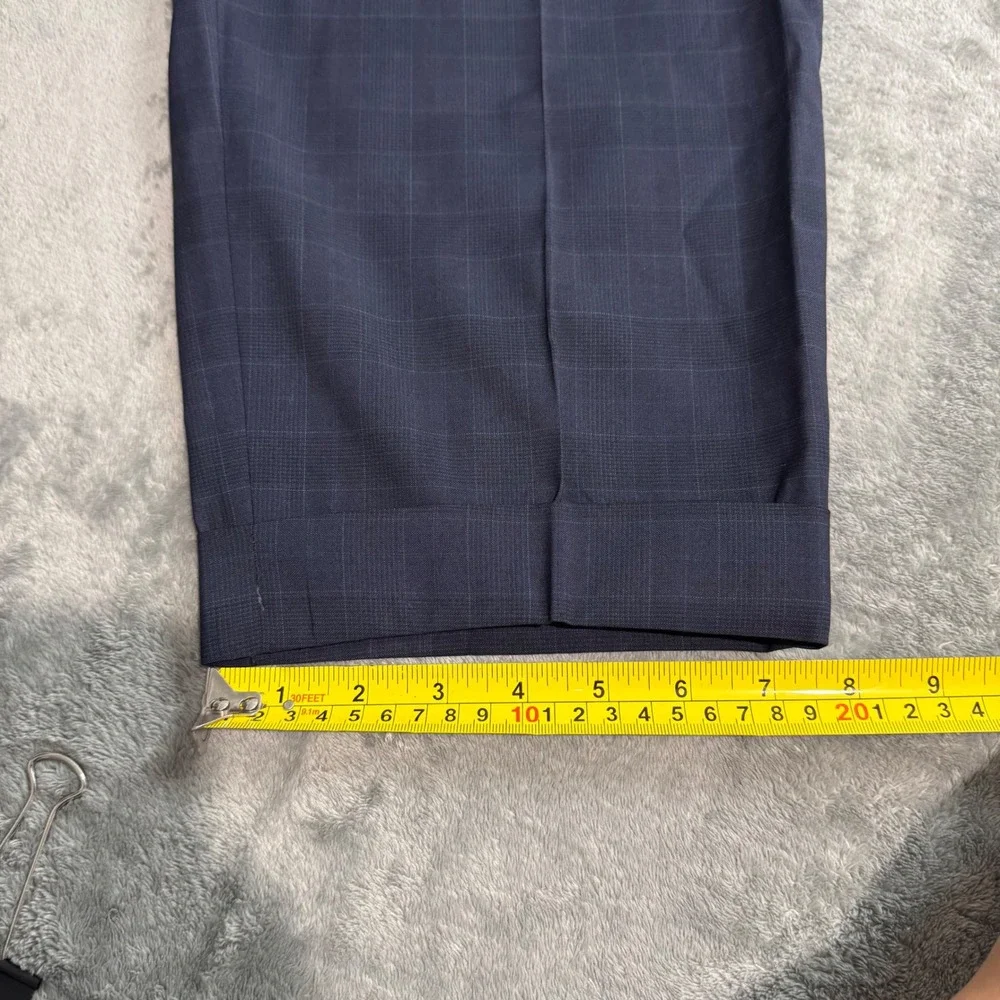 Hugo Boss Mens Navy Blue Glen Plaid 100% Virgin Wool Cuffed Dress Pants 38x23.5